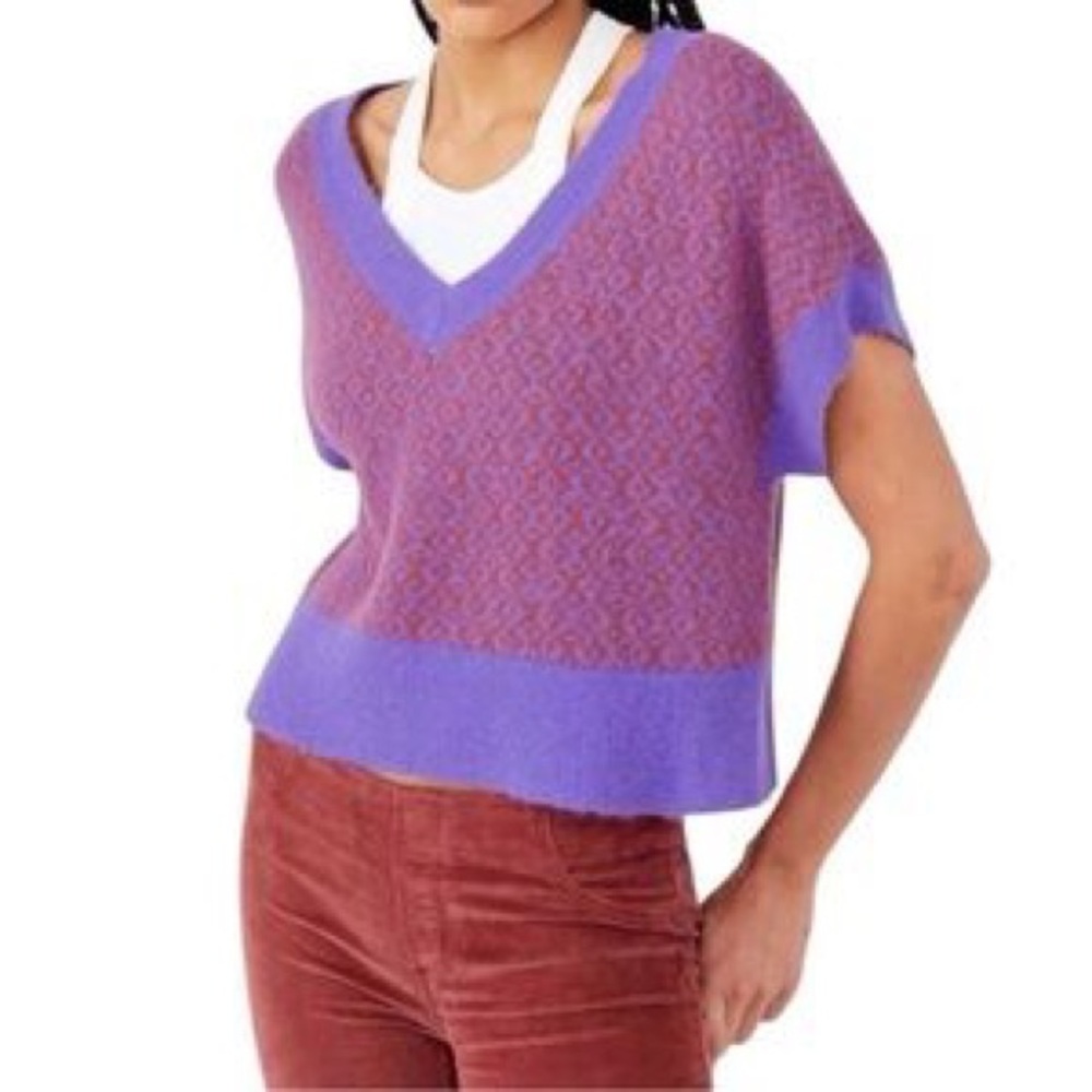 Free People Through The Motions Purple Knit V-Neck Short Sleeve Sweater Vest NWT